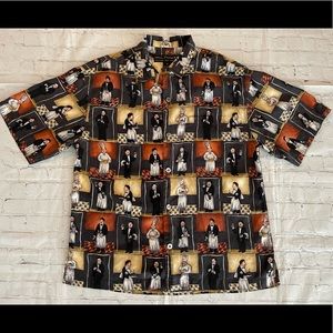 Guy Buffet 100% Silk Artwork Chef & Server Waiter Button Down Shirt Sz MD. Rare!